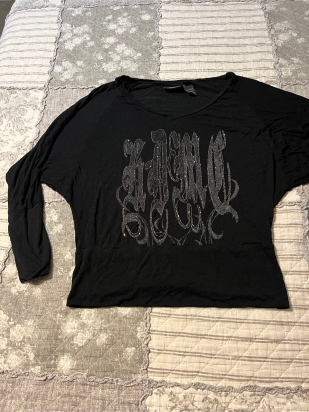 Black Women's Long Sleeve Top with Silver Glitter Script